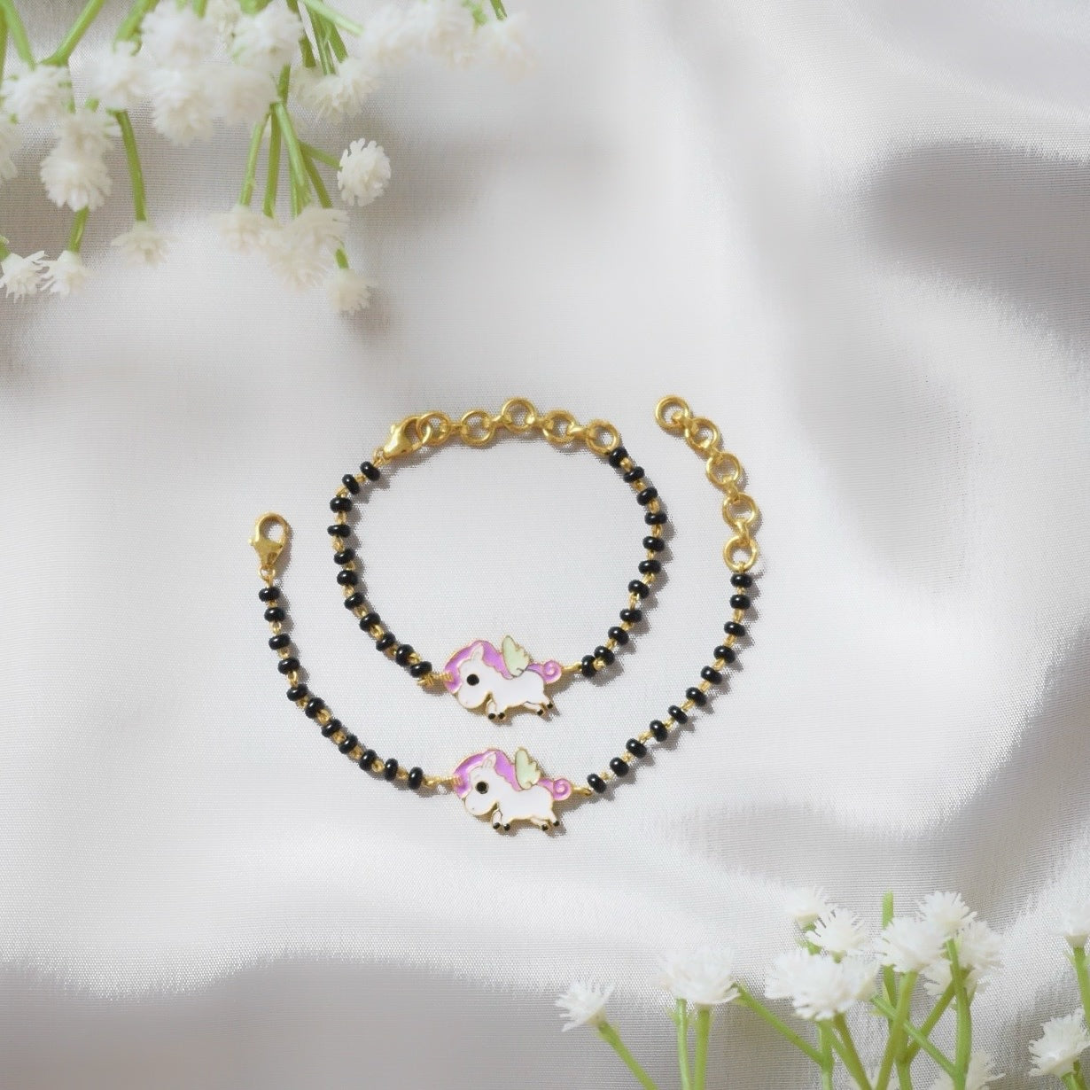 MagicWings Nazariya – Silver Flying Unicorn & Black Beads Band