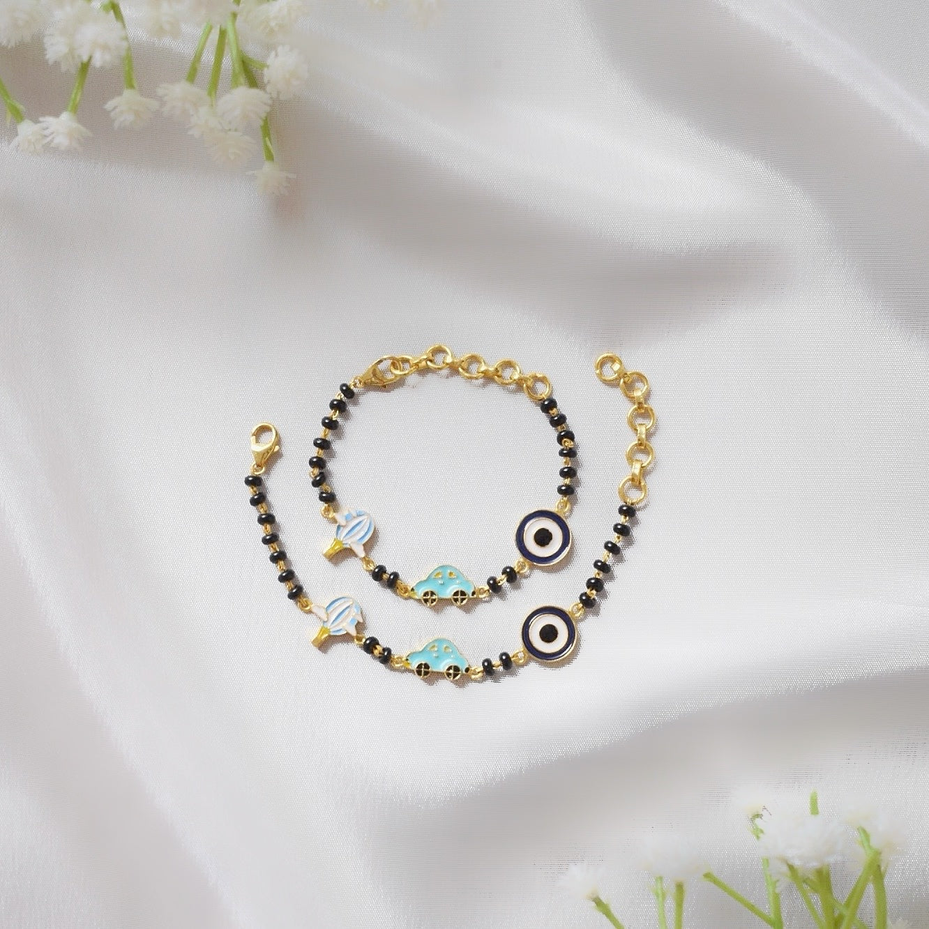 JoyRide Nazariya – Balloon, Car & Evil Eye Black Beads Bracelet for Kids