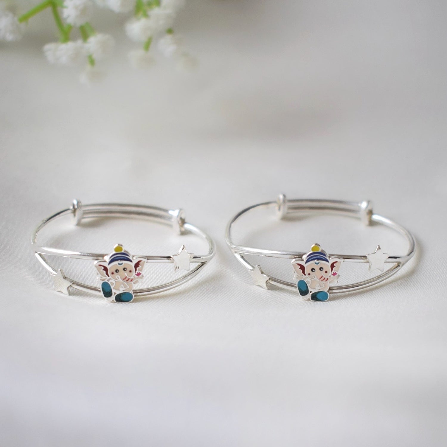 Pure Silver Kids Bangles with Ganesha Charm – Set of 2