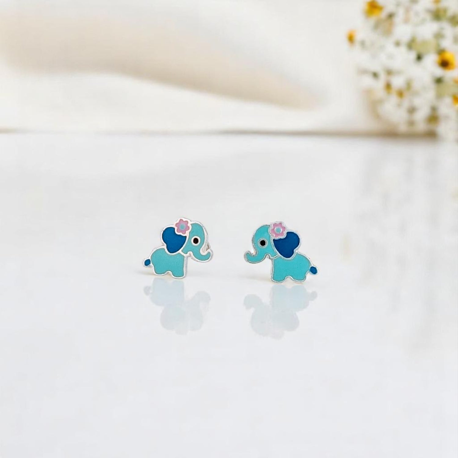 Blue Elephant Silver Earring