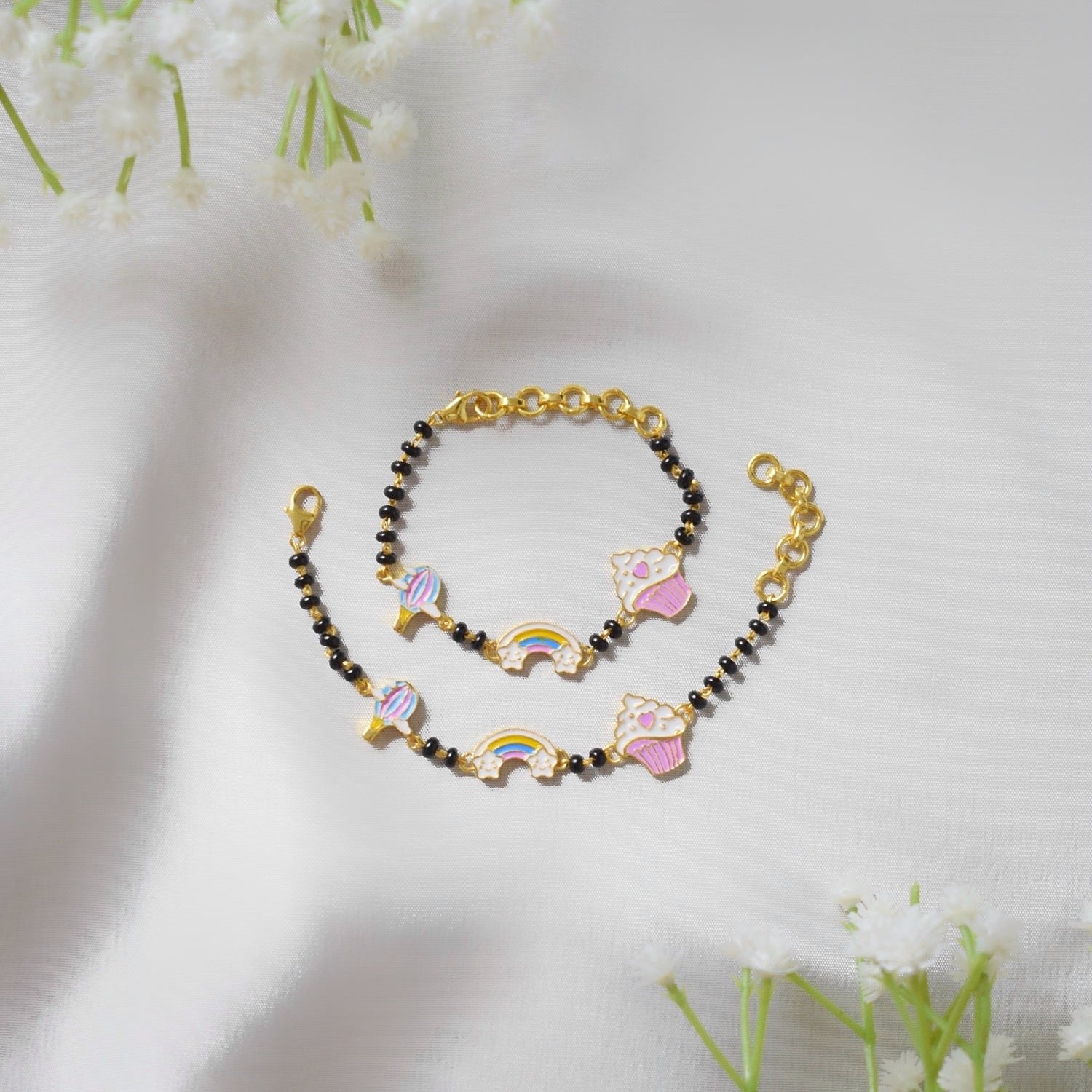 RainbowTreat Nazariya – Balloon, Rainbow & Ice Cream Black Beads Silver Bracelet