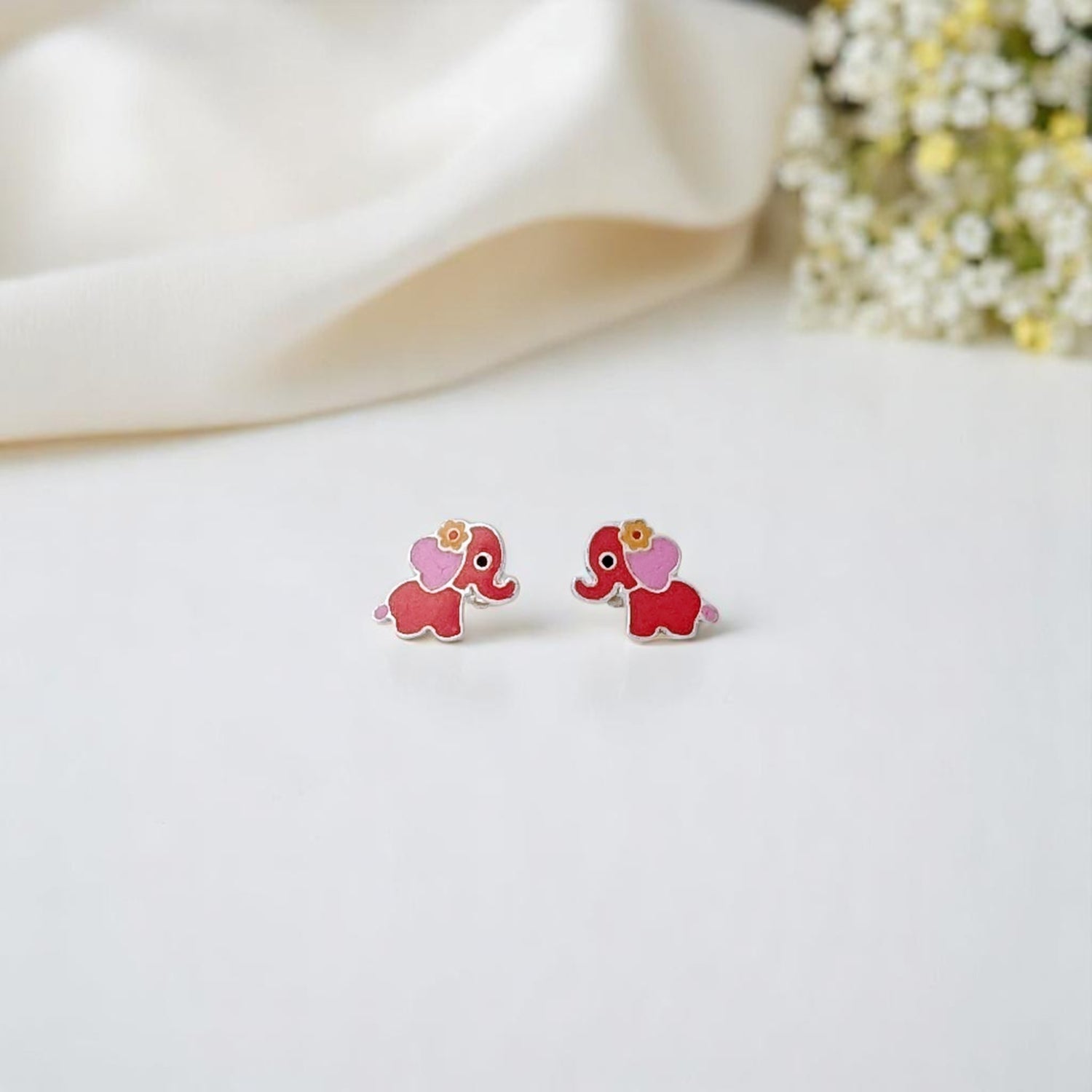 Red Elephant Silver Earrings for Kids
