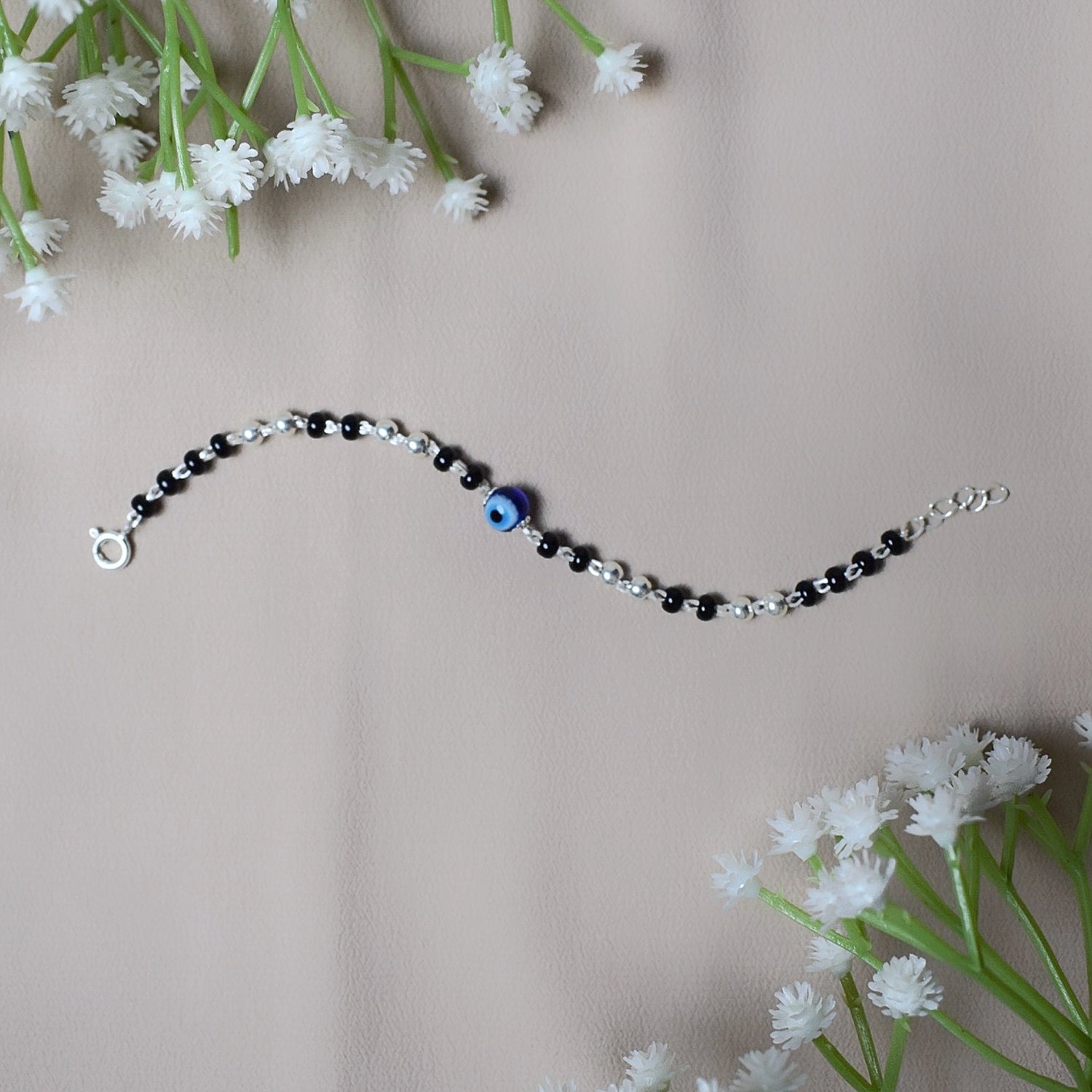 BlueGuardian Nazariya – 925 Silver Evil Eye Bead with Silver Balls & Black Beads