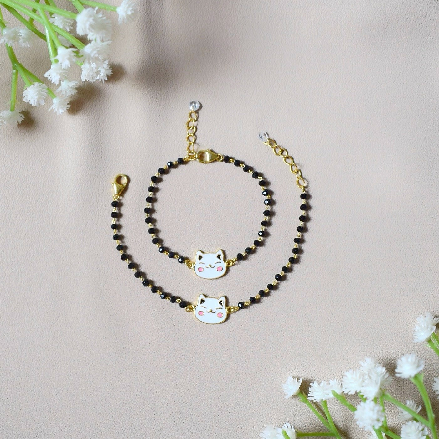 HappyWhisk Nazariya – 925 Silver Smiling Cat Charm with Black Beads