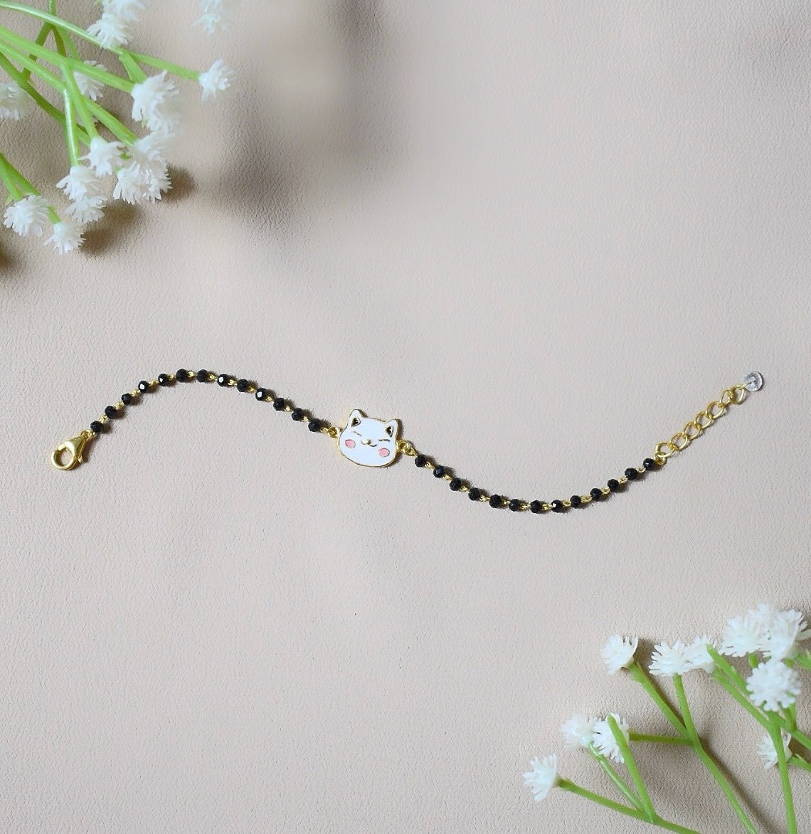 HappyWhisk Nazariya – 925 Silver Smiling Cat Charm with Black Beads