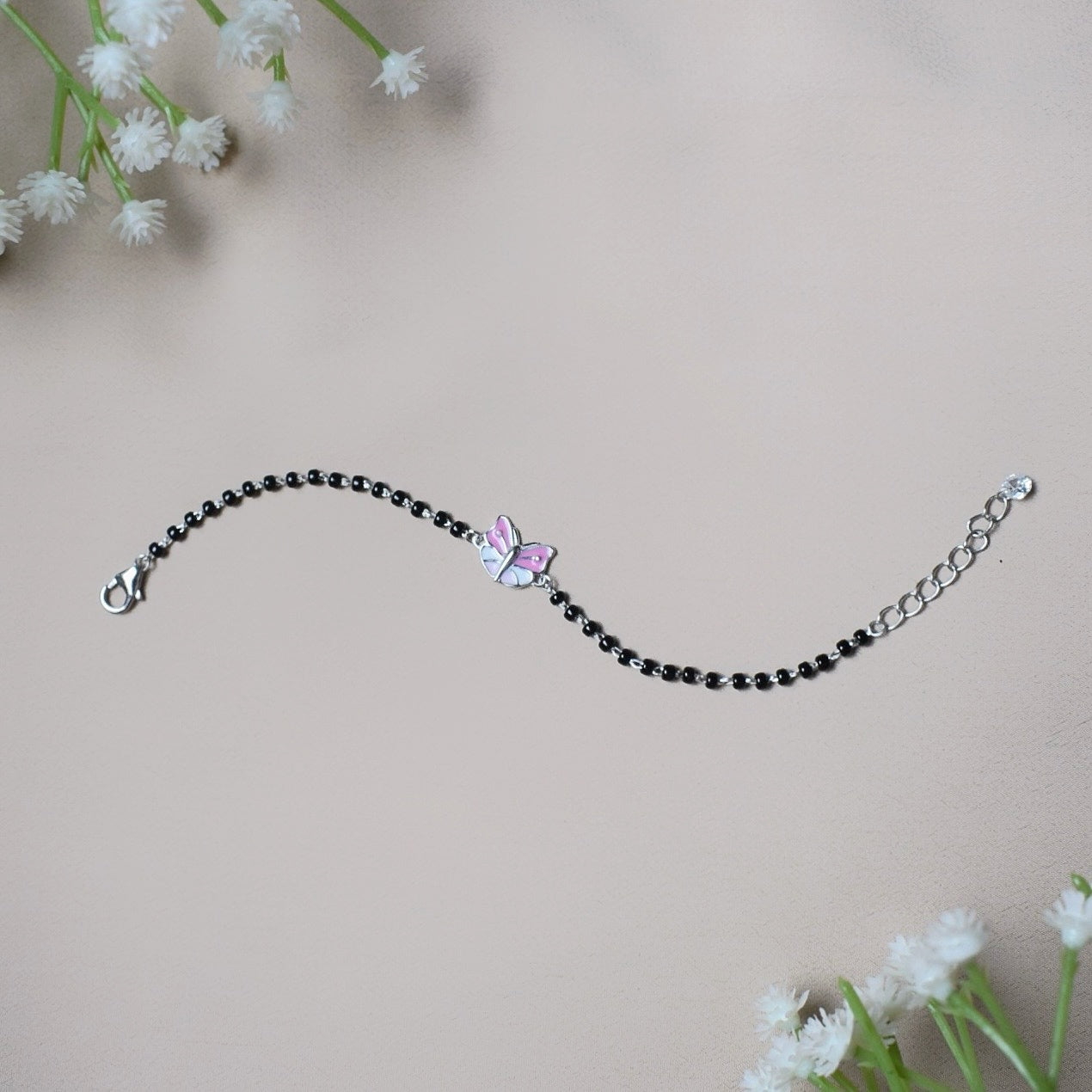 PrismWings Nazariya – 925 Silver Butterfly Charm with Black Beads