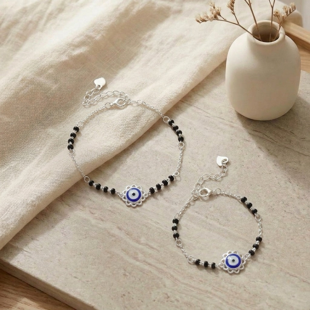 BlossomGuard Duo Bracelet – 925 Silver Flower Evil Eye Bracelet Set for Mother & Kid