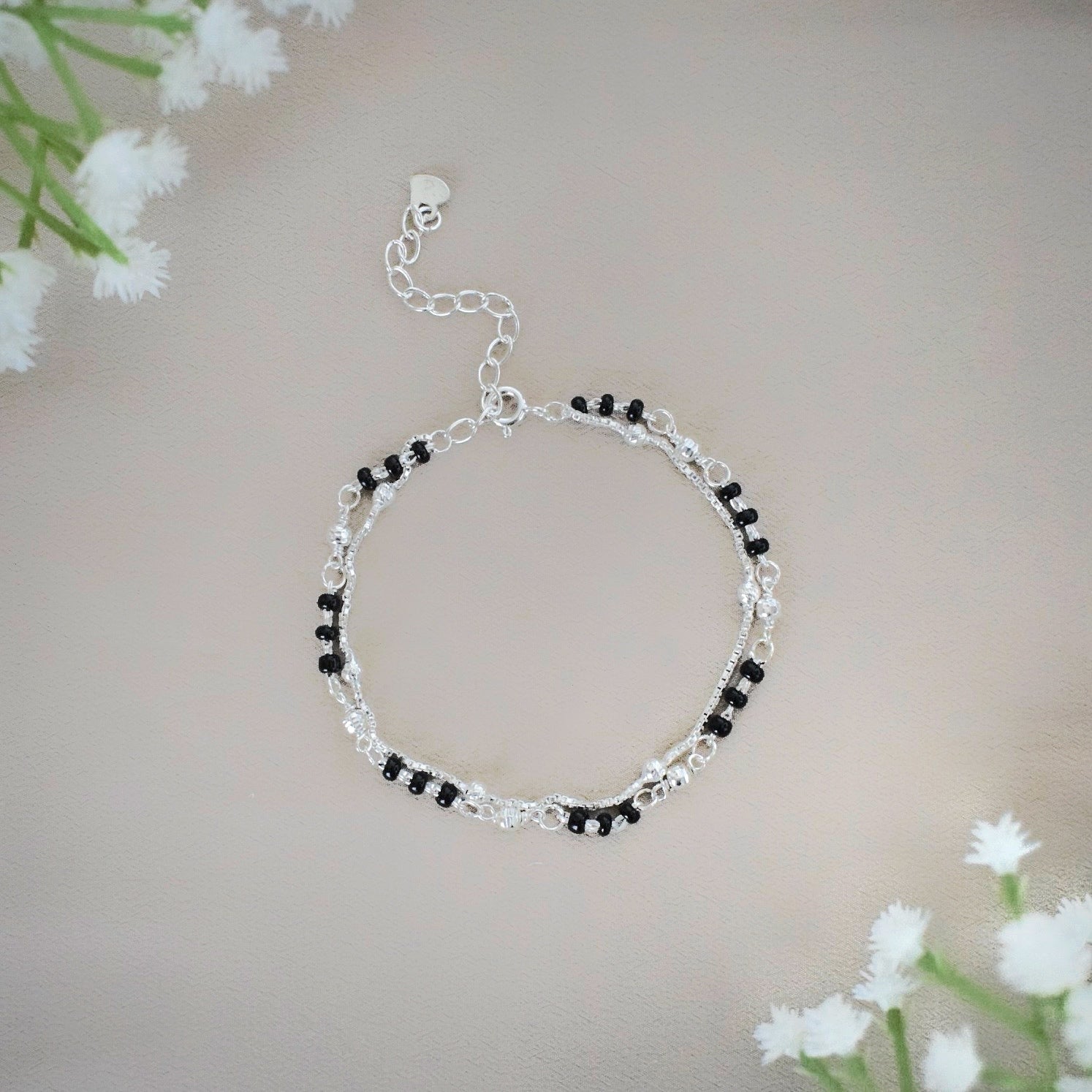 DualBead Duo Bracelet – 925 Silver Black & Silver Beads Bracelet Set for Mother & Kid