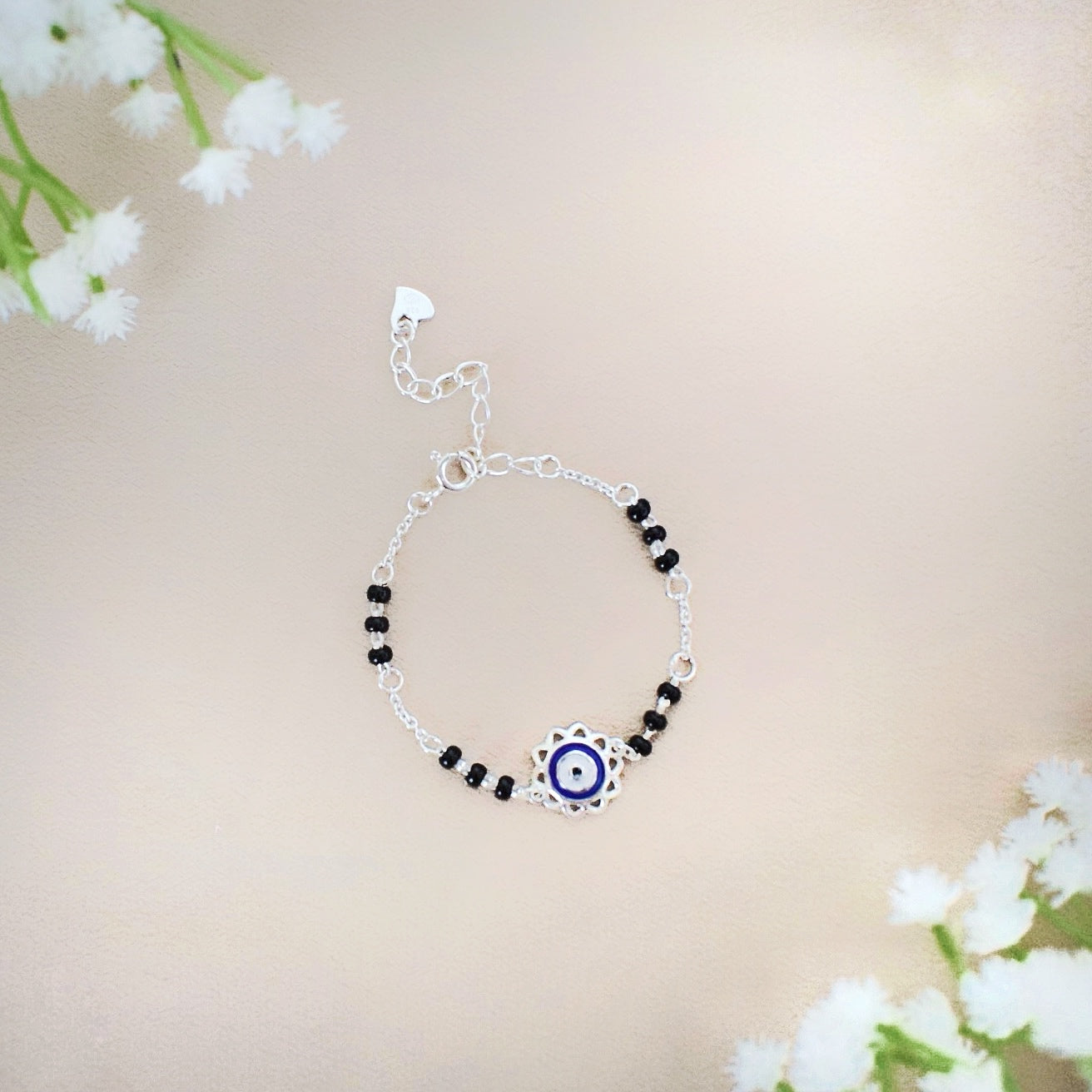 BlossomGuard Duo Bracelet – 925 Silver Flower Evil Eye Bracelet Set for Mother & Kid
