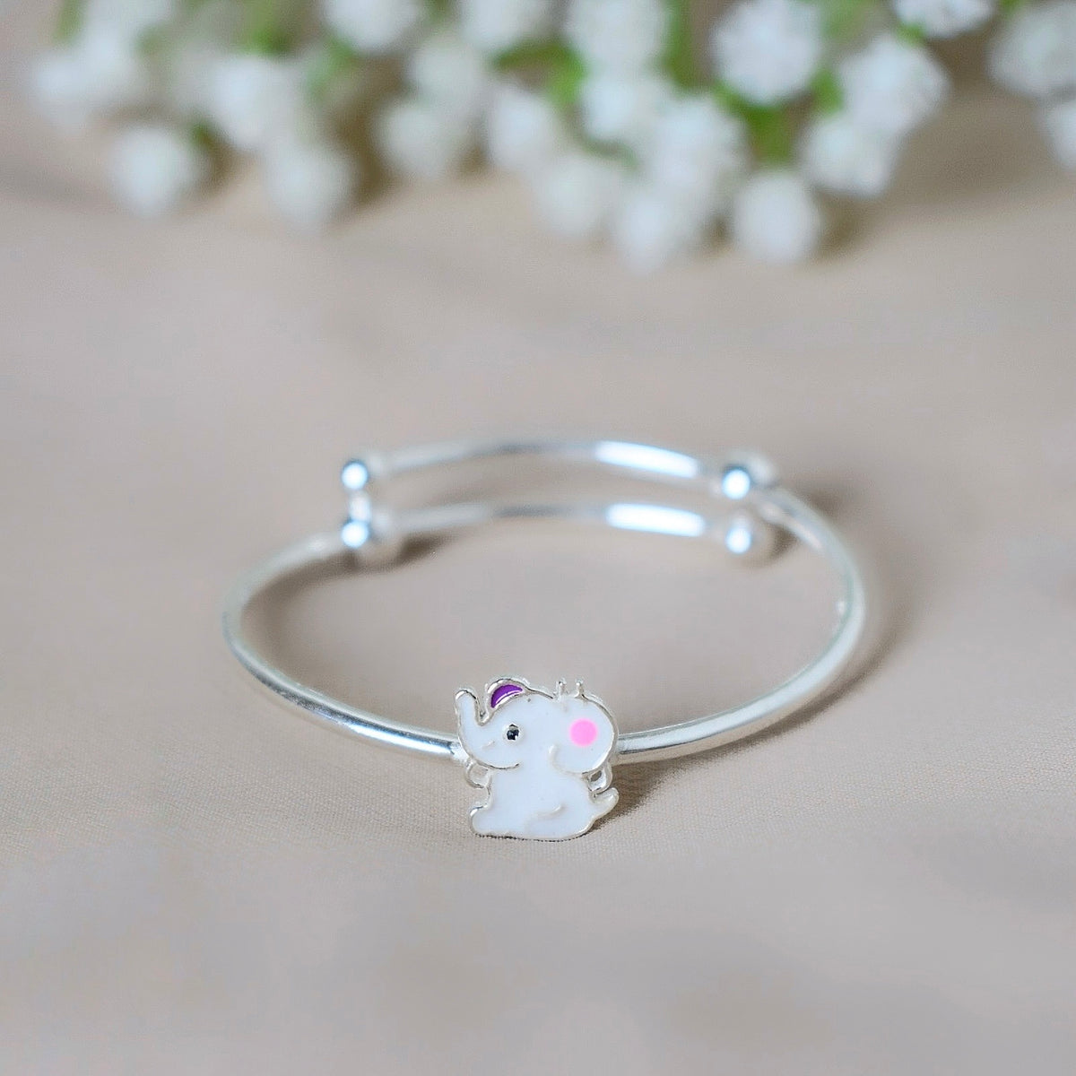 SnowTusks Bangle – 925 Silver White Elephant Charm Adjustable Baby Bangle