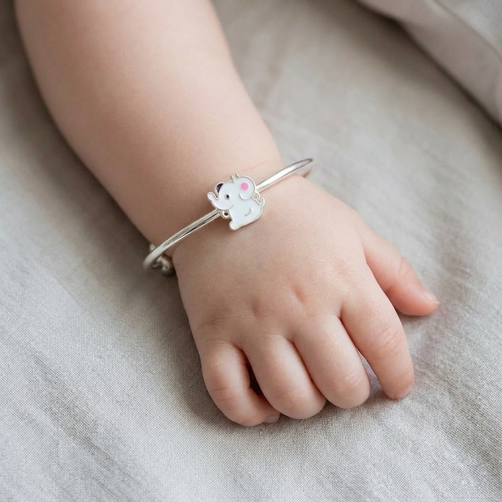 SnowTusks Bangle – 925 Silver White Elephant Charm Adjustable Baby Bangle