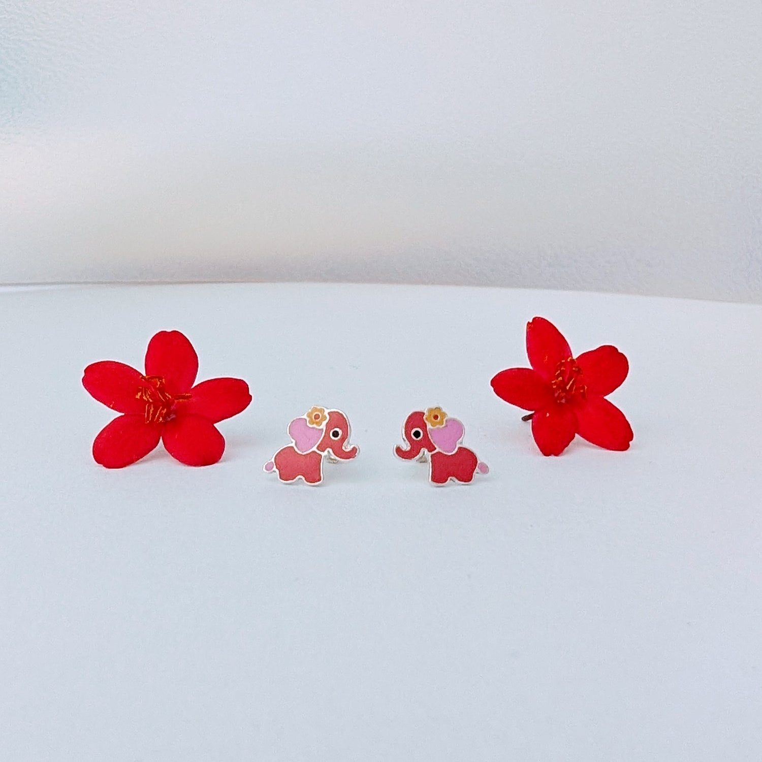 Red Elephant Silver Earrings for Kids