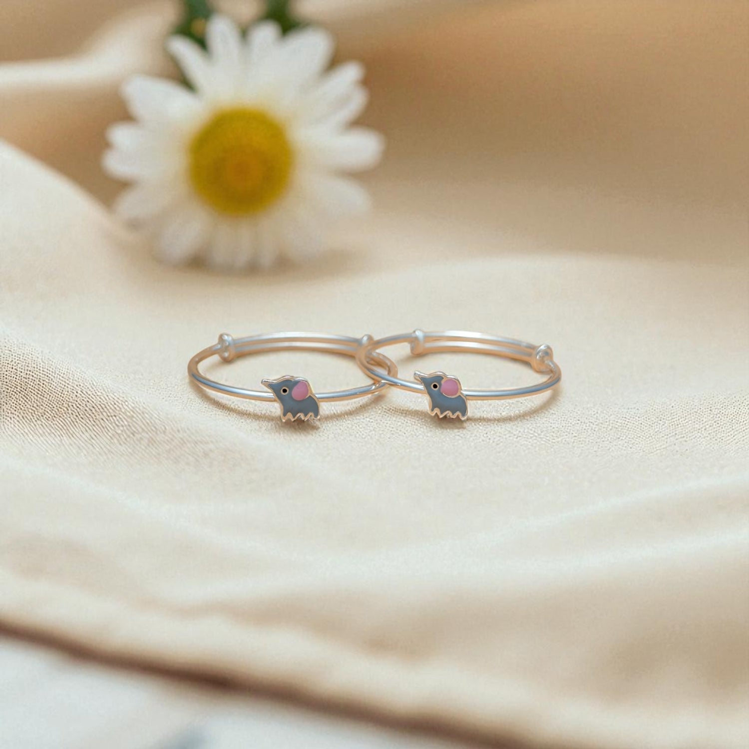 Dumbo Elephant Charm Bangles – Pure 925 Silver with Shining Stones (Set of 2)