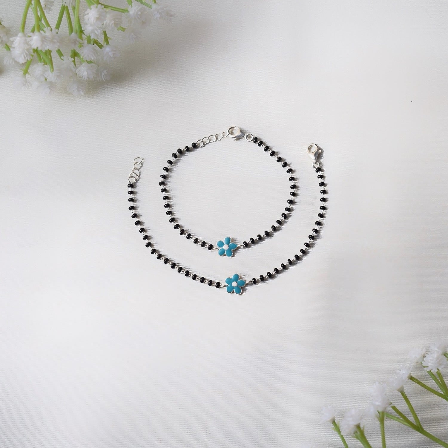 Bloomie Silver Anklet Set – Floral Nazariya with Black Beads for Toddlers