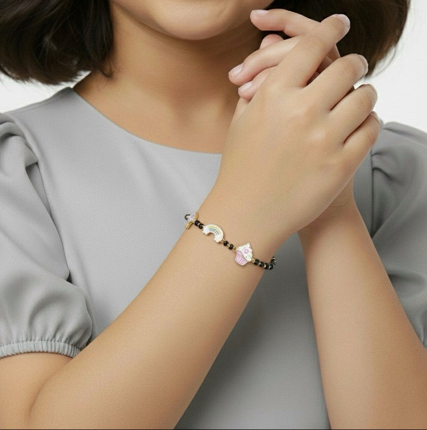 RainbowTreat Nazariya – Balloon, Rainbow & Ice Cream Black Beads Silver Bracelet