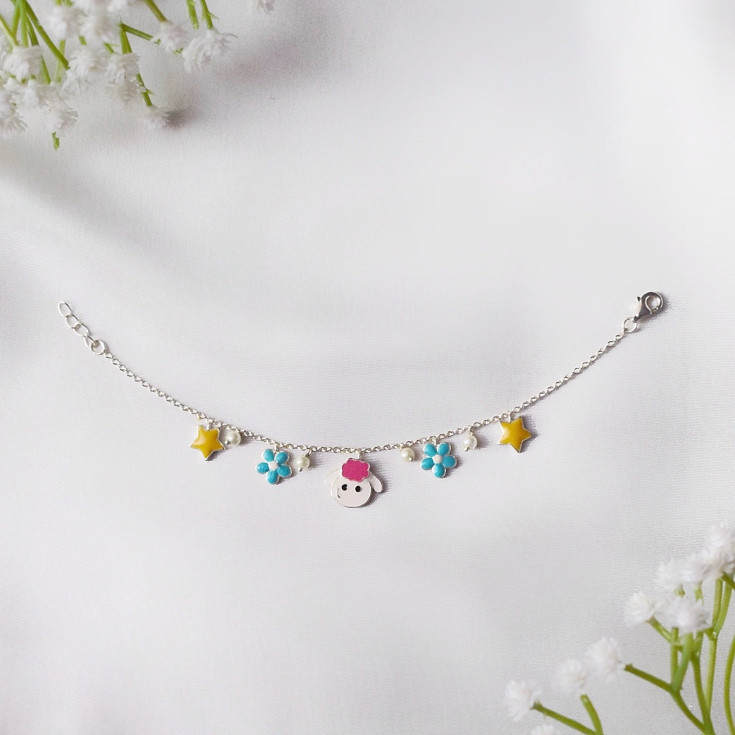 Little Sheep Charm Silver Anklet – With Dangling Stars & Flowers for Toddlers