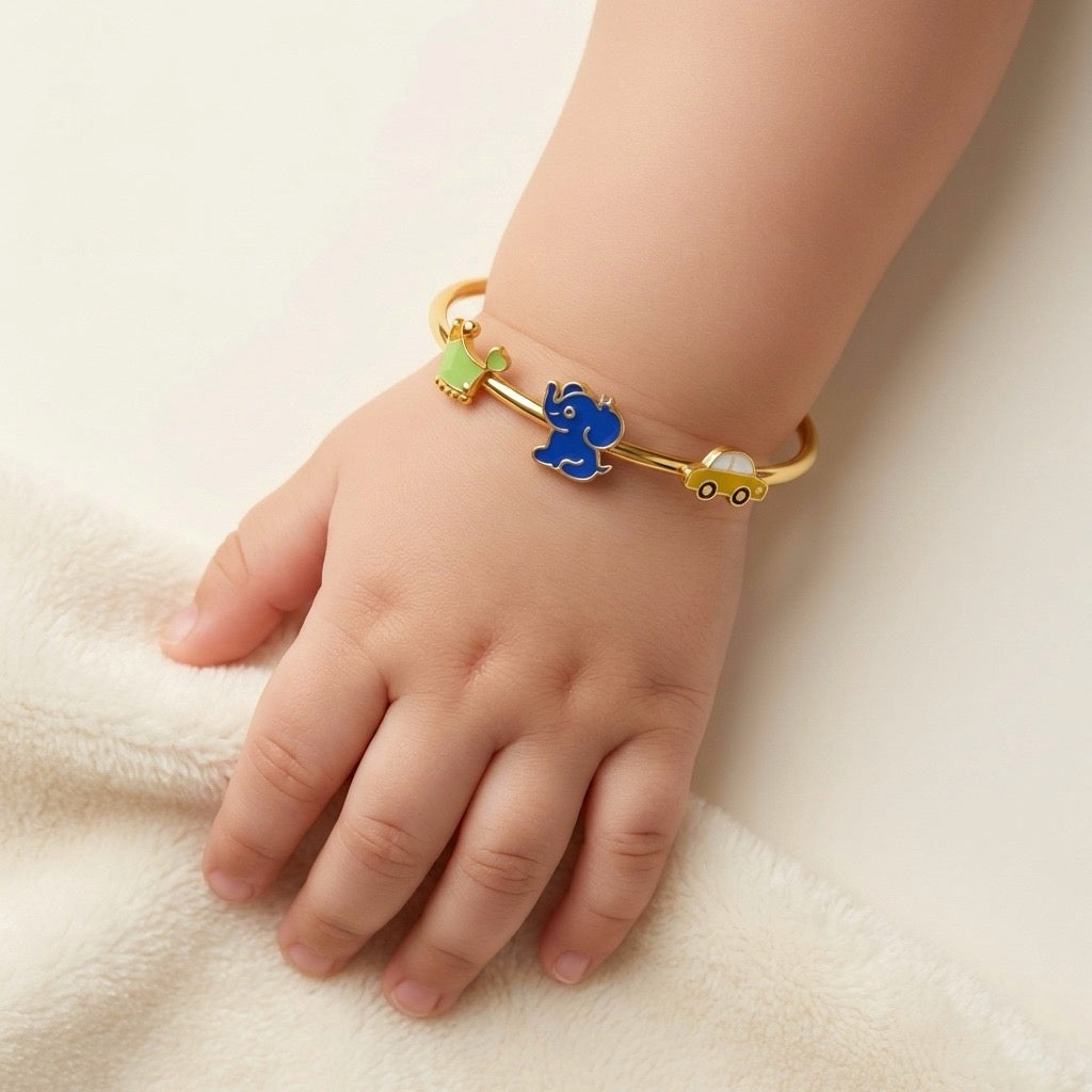 JoyTusks Bangle – 925 Silver Elephant, Crown & Car Charm Kids Bangle